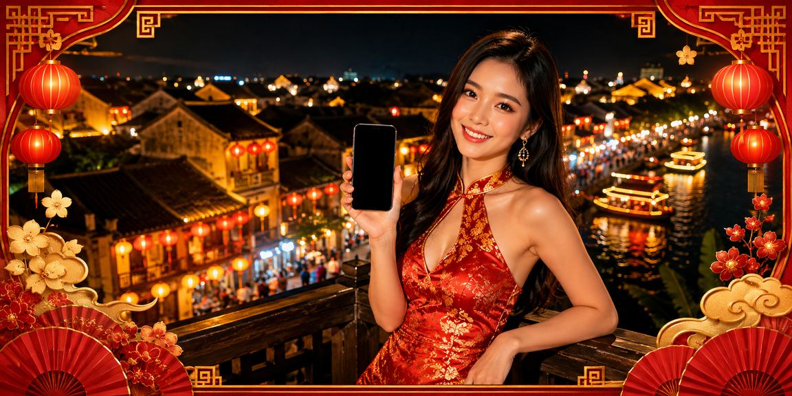 Thành viên VIP tại Hội An truy cập casino di động dưới ánh đèn lồng buổi tối